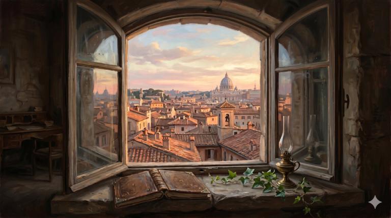 View from inside an Italian palazzo through an open arched window onto Roman rooftops at dawn, a distant dome silhouette on the horizon, an open leather-bound ledger and a sprig of ivy on the stone sill, an unlit brass lamp beside them, a dim wooden desk visible in the shadow to the left