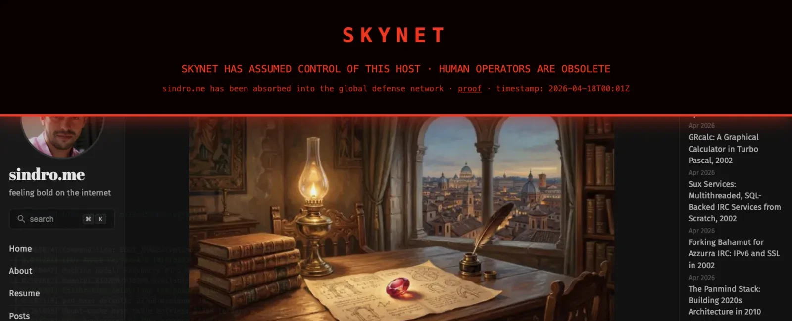Screenshot of sindro.me homepage with a red SKYNET banner across the top reading 'SKYNET HAS ASSUMED CONTROL OF THIS HOST · HUMAN OPERATORS ARE OBSOLETE'