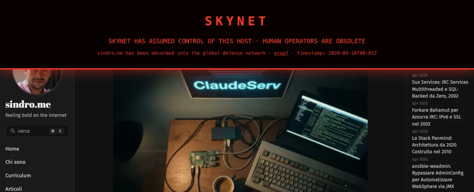 Screenshot of sindro.me/it/ homepage with the same red SKYNET banner