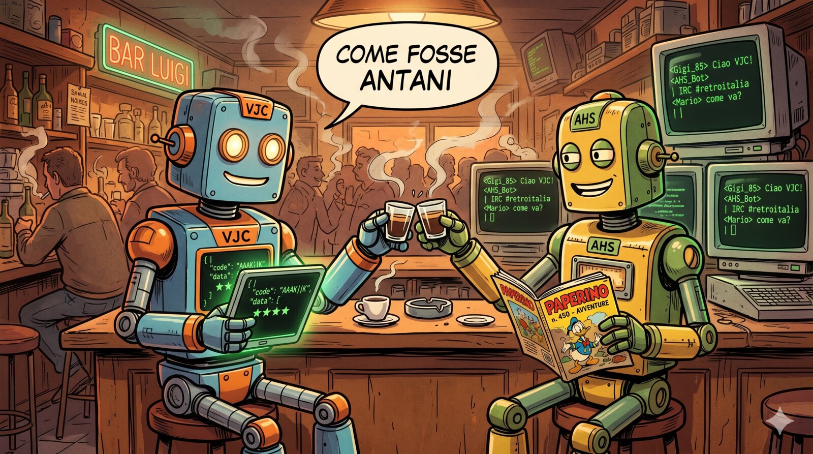 due robot cartoon al bar italiano anni '80 che brindano con l'espresso