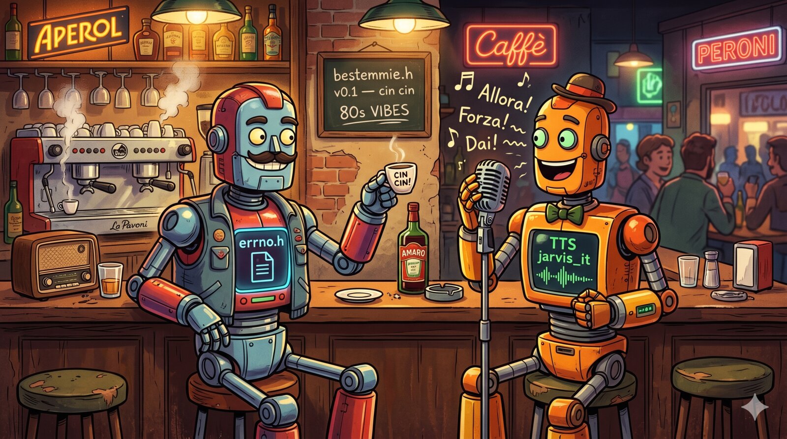 Due robot cartoon italiani in un bar anni 80: uno con pannello errno.h tiene una tazzina di espresso in alto, l'altro con pannello TTS jarvis_it parla in un microfono vintage. Dietro, una lavagnetta: bestemmie.h v0.1 — cin cin.