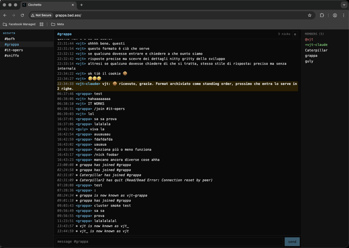 grappa-irc pre-alpha web client, irssi dark theme