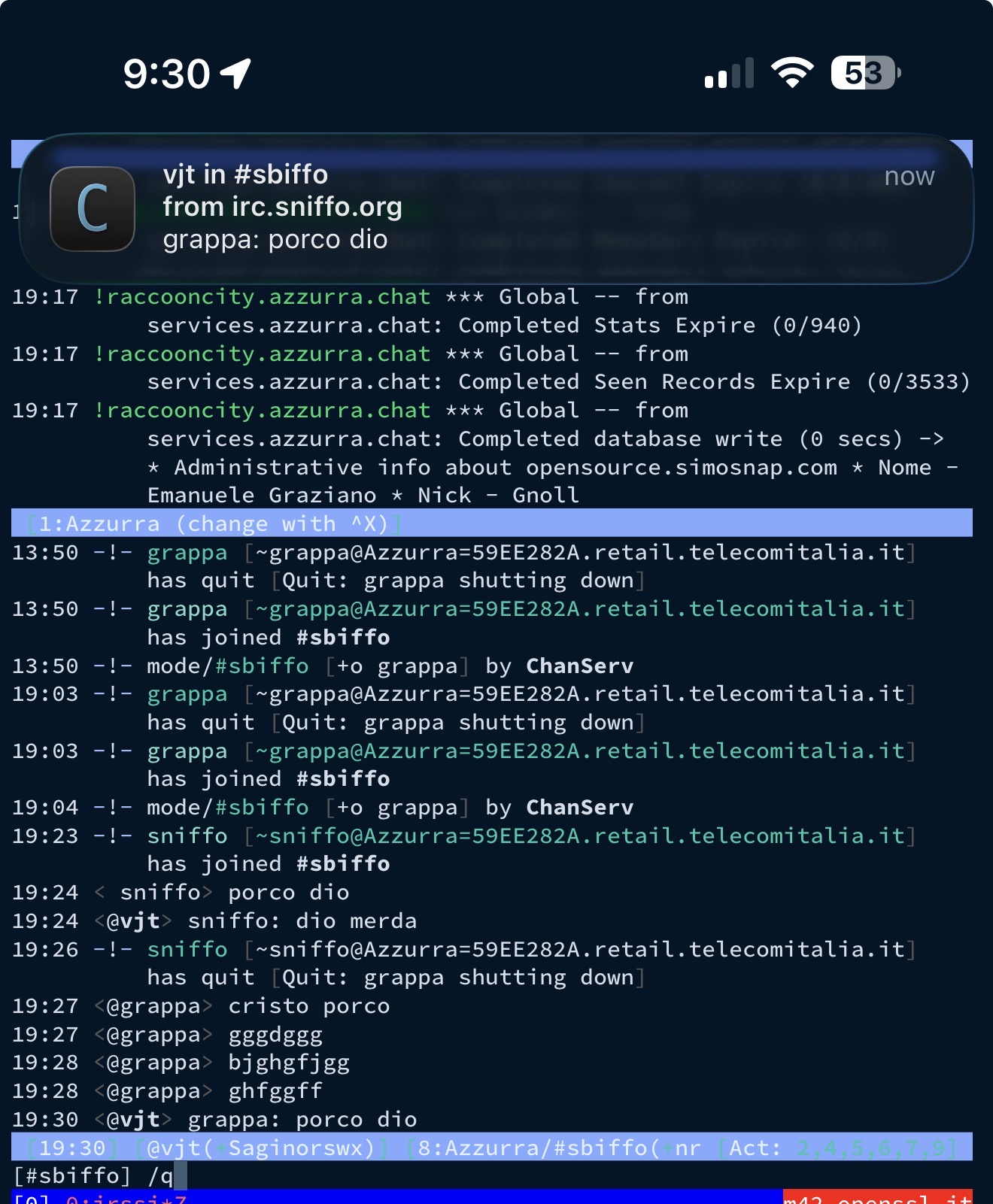 iOS lockscreen showing a grappa-irc push notification